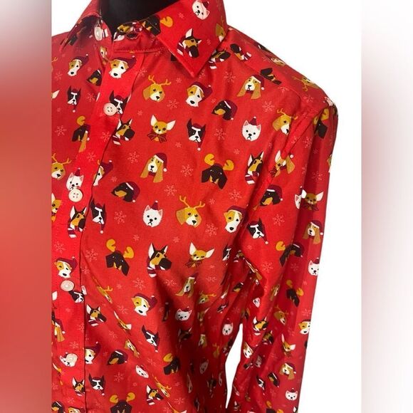 SIMON BANKS CHRISTMAS FESTIVE HOLIDAY PARTY SANTA CLAUS DOG BUTTON UP MENS SMALL - Picture 8 of 9